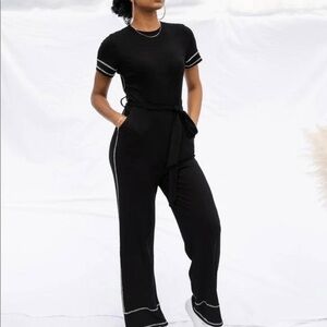 Kittenish Black Ribbed Short sleeve wide leg Jumpsuit